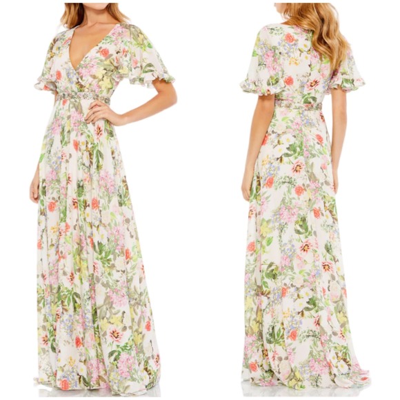 Mac Duggal NWT Floral Faux Wrap Flutter Sleeve A-line Gown Size 4 Jewel Belt - Picture 1 of 10